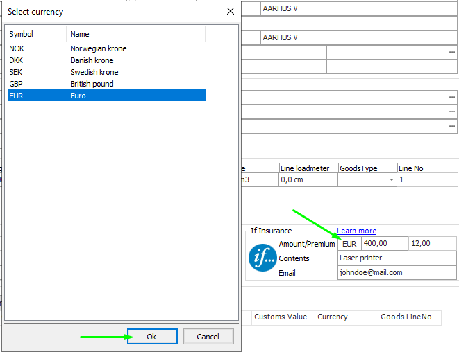 Insurance currency in Consignor