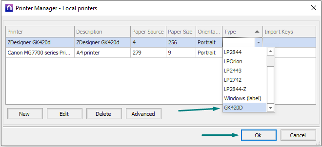specify printer type