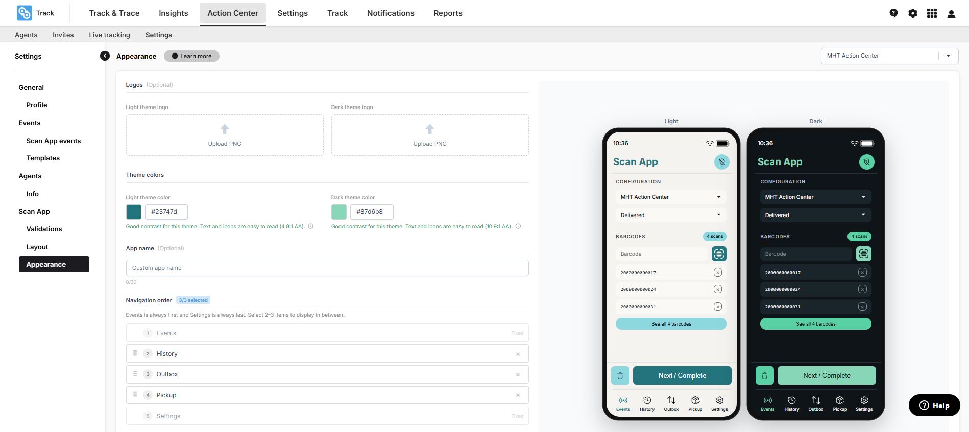 The Appearance settings page in the Action Center, with the live light and dark phone preview.