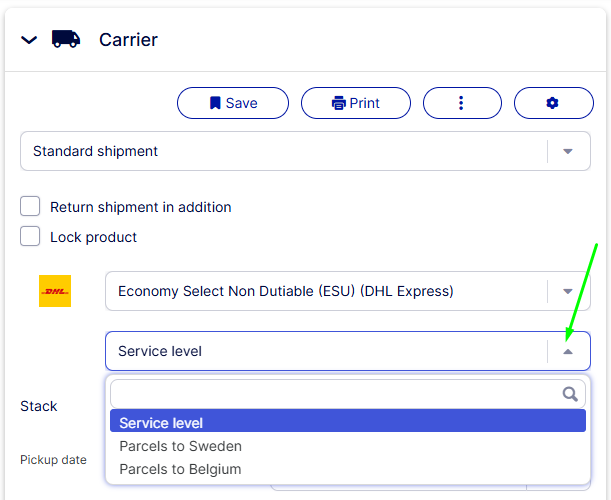 The service level selector in Ship